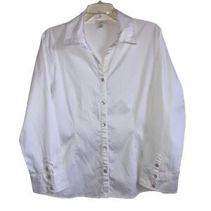 J. JILL STRETCH sz 14 Solid White 98% Cotton Stretch Top Blouse MOP Buttons